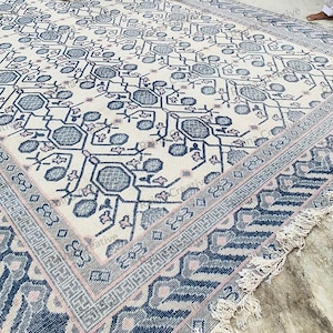 Handmade 9x12 Wool Oushak Rug: Blue & Beige Turkish Carpet