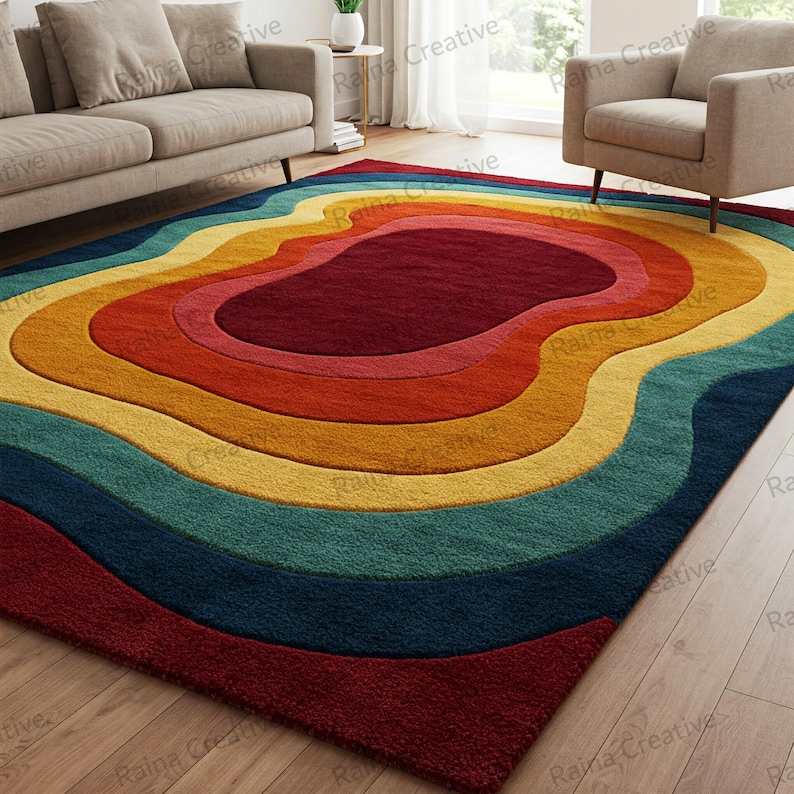 Hand tufted colorful rainbow rug in modern living room