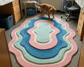 Alfombra ondulada tejida a mano de 5x8: mezcla de lana rosa pastel, azul y verde