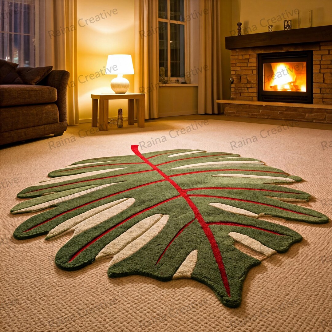 Luxury Tropical Leaf Shaped Rug - Monstera Design for Living Room ...