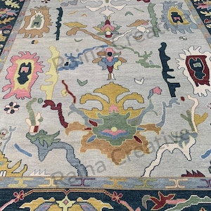 Hand-Knotted Wool Rug: 9x12 ft Turkish Oushak Style Multicolor Carpet