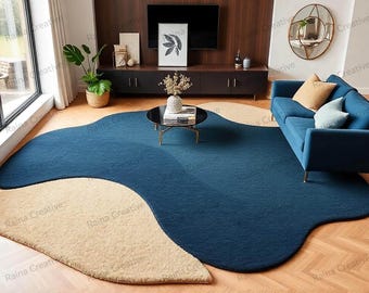 Soft Wool Rug Irregular Blue Hand Tufted Artistic Wavy Design