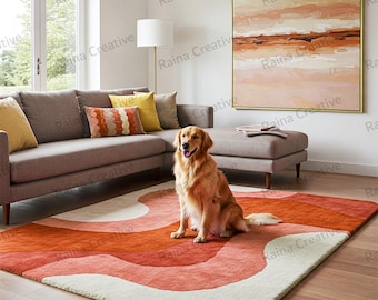 Hand-Tufted Modern Abstract Rug – Warm Orange and Cream Waves for Cozy Living Rooms, 5x8, 6x9, 8x10, 9x12, 10x14.