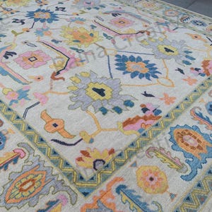 Hand Knotted Wool Oushak Rug 9x12: Floral Turkish Style Beige Blue Made In India