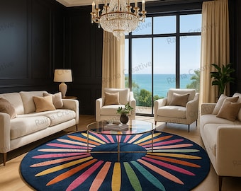 Navy Blue Round Hand Tufted Rug 7ft – Colorful Boho Carpet for Living Room Decor, Soft & Durable Area Rug