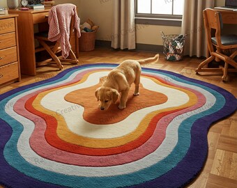Hand Tufted Rugs Rainbow Rug: Multicolor Wavy Carpet, Modern Kids Room Decor (6x9)