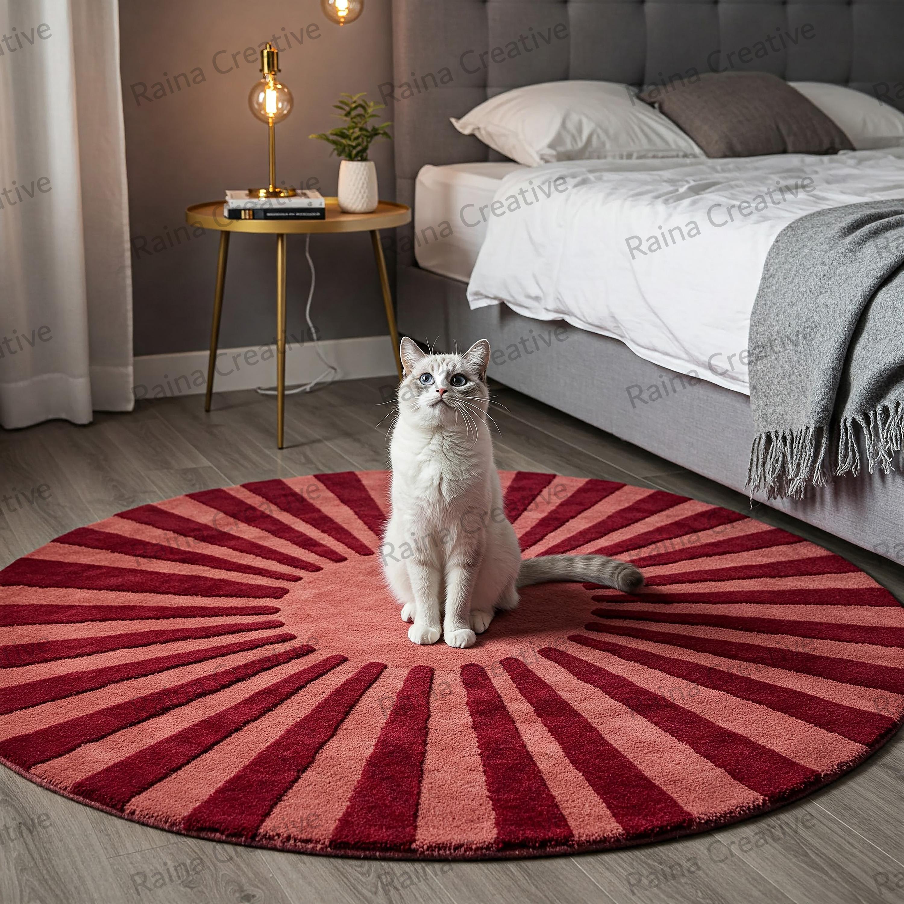 Hand-Tufted Round Rug 6x6 ft – Red & Dark Tan Sunburst Design, Soft Wool Area Rug for Living Room, Boho Home Decor Accent