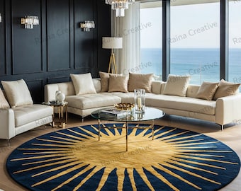 Hand Tufted Wool Round Rug: Navy Blue & Mustard Sunburst, Boho Decor (10ft)