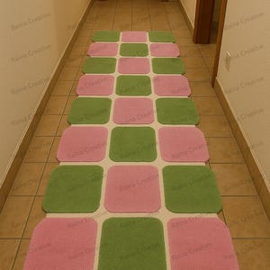 Pink and green hand-tufted checkerboard hallway runner rug, indoor long runner, 2.6x12 ft.