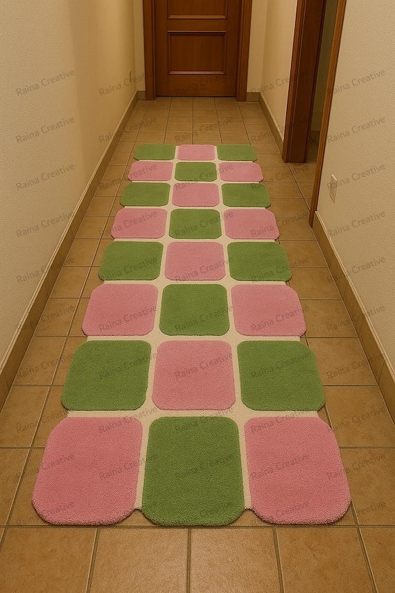 Hand Tufted Rug, Pink Green Runner Rug, Long Hallway Indoor Decor
