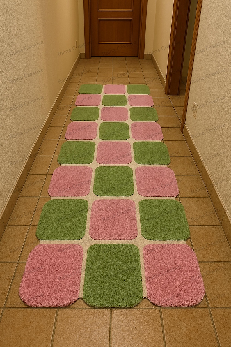 Pink and green hand-tufted checkerboard hallway runner rug, indoor long runner, 2.6x12 ft.