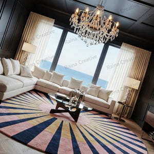 9ft round sunburst rug in navy, mustard & pink wool blend, hand-tufted for a modern boho living room