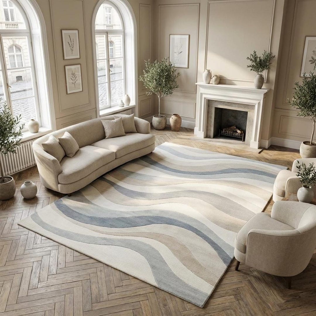 Hand Tufted Wool Area Rug, Modern Abstract Wavy Design, Neutral Cream ...