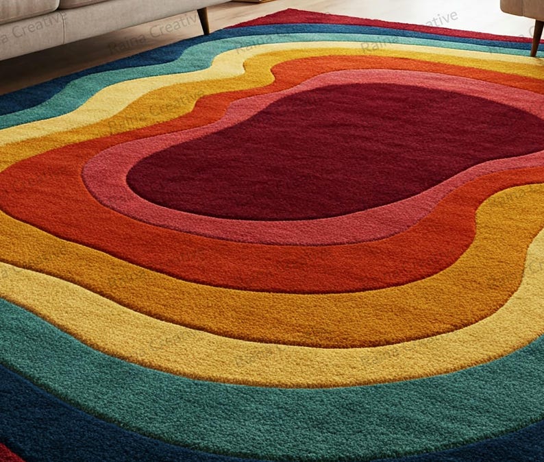 Bold color area rug in cozy seating area