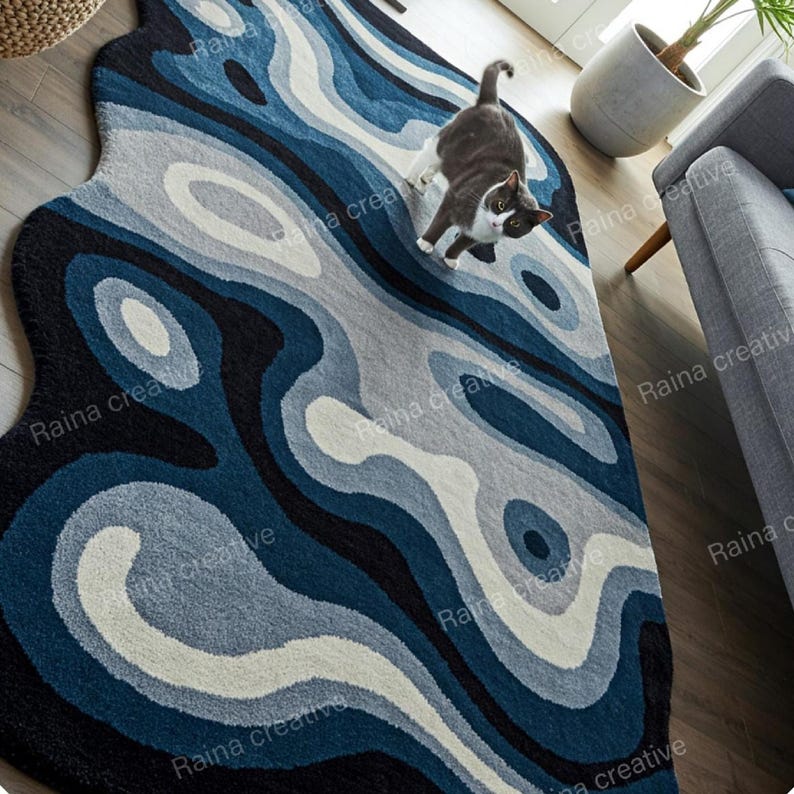Hand-tufted Abstract Rug (4x8 Ft): Modern Blue Wave Pattern - Etsy