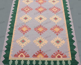 Handgewebter Dhurrie Kelim Dhurrie Teppich 150 x 200 cm: Multicolor Tribal Flachgewebe