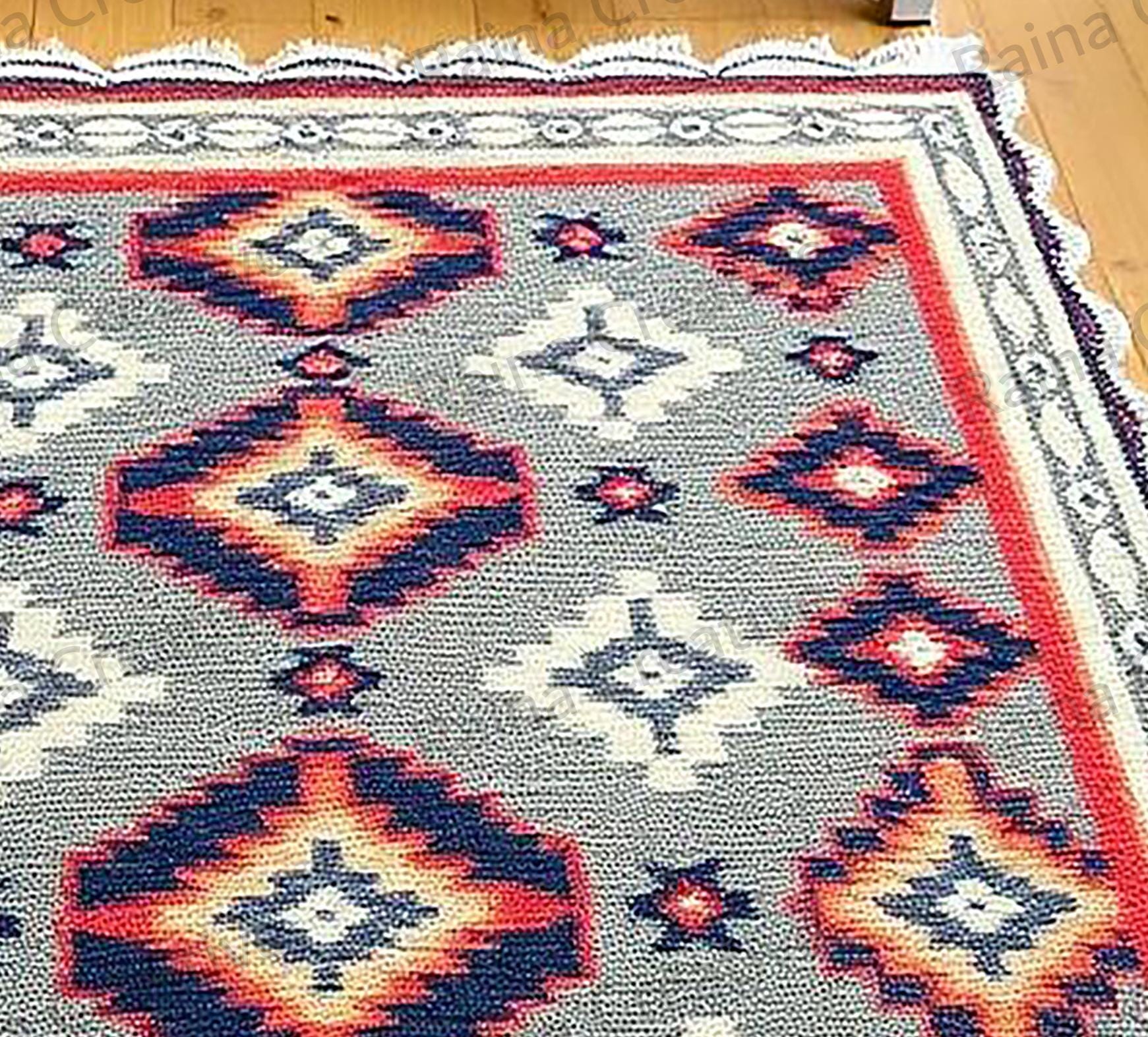 ハンドメイドのマルチカラー幾何学模様キリムラグ｜ボヘミアン風