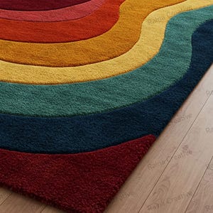 Retro-style abstract carpet on wooden floor