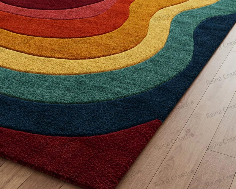 Retro-style abstract carpet on wooden floor