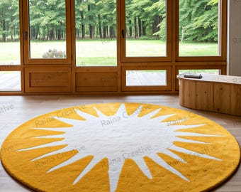 Hand Tufted Sunburst Round Rug: Mustard Yellow Boho Decor.
