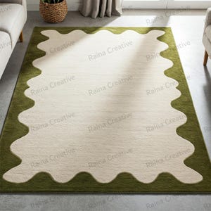Hand Tufted Wool Blend Rug 8x10: Olive Green Scalloped Edge