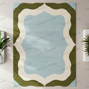 Hand Tufted 8x10 Rug Blue Green Ivory – Modern Scalloped Wavy Edge Carpet for Living Room & Bedroom Decor