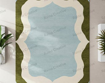 Handgetuft tapijt, vloerkleed 8 x 10, blauwgroen ivoor, moderne geschulpte rand