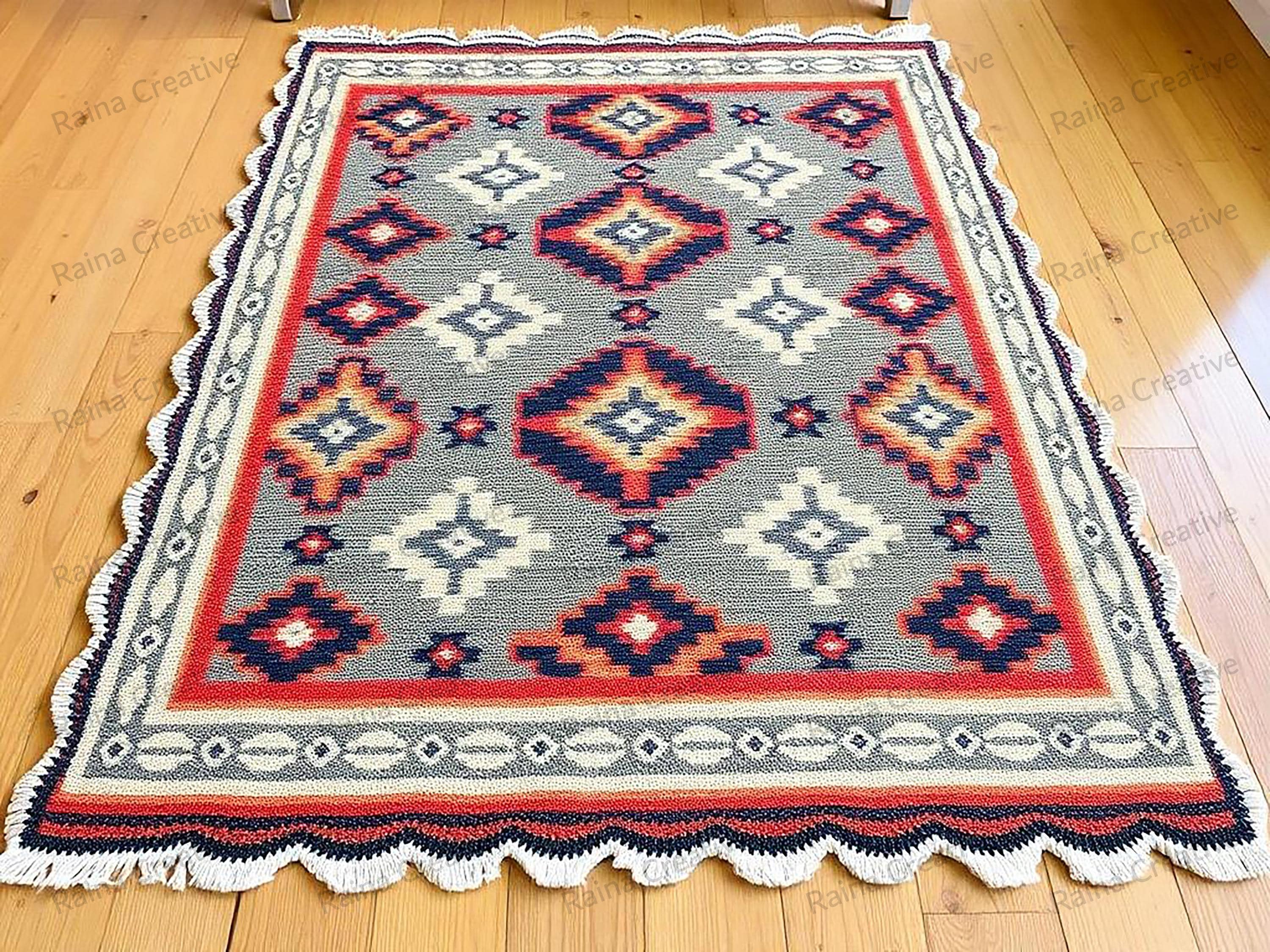 カラフルな幾何学模様キリムラグ ハンドメイドのマルチカラー幾何学模様キリムラグ｜ボヘミアン風