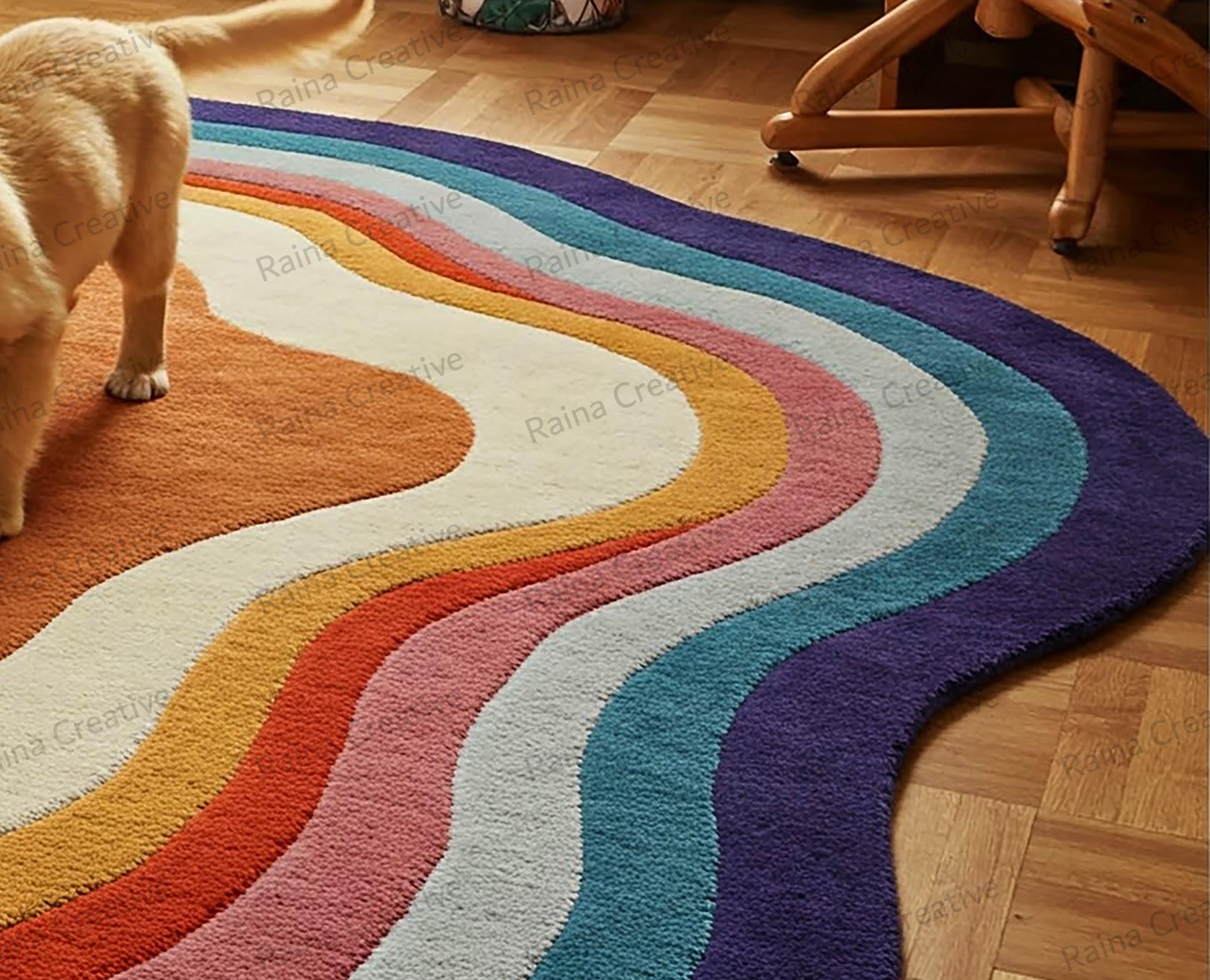 Hand Tufted Rainbow Rug 6x9 - Multicolor Wavy Pattern Carpet for Living ...