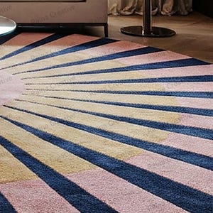 Hand Tufted Carpet Round Rug 9ft: Sunburst Navy, Mustard, Pink Wool Blend
