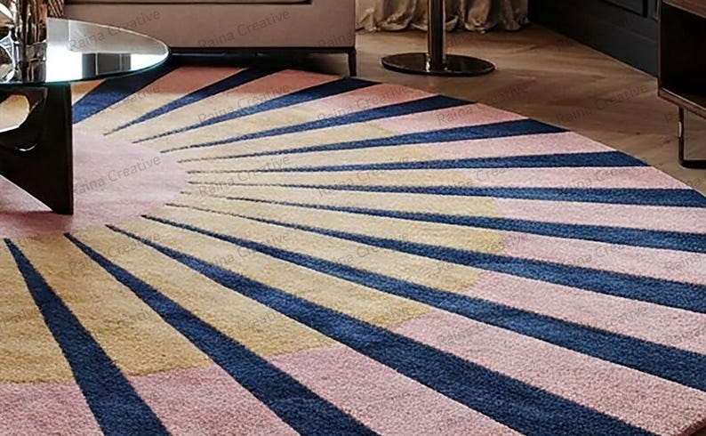 Hand Tufted Carpet Round Rug 9ft: Sunburst Navy, Mustard, Pink Wool Blend