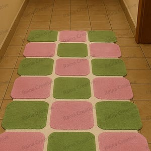 Hand tufted pink-and-green runner rug in a checkered pattern, ideal for a long hallway indoor rug, 2.6x12 ft.