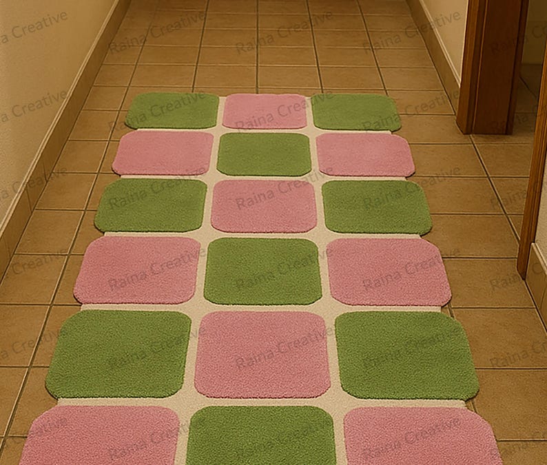 Hand tufted pink-and-green runner rug in a checkered pattern, ideal for a long hallway indoor rug, 2.6x12 ft.