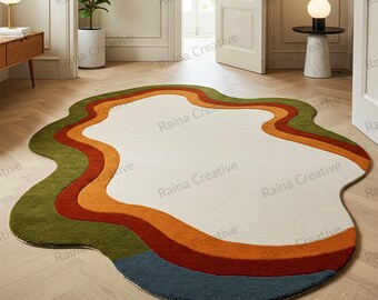 Hand Tufted Wavy Wool Rug 6x9: Green, Orange, Rust, Cream
