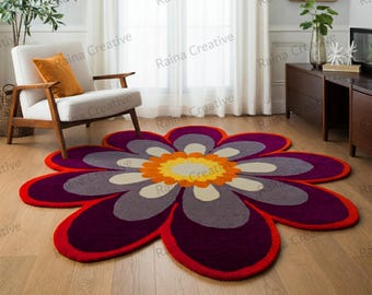 Floral Bloom Rug: Bold Purple and Red Flower-Shaped Round 8ft