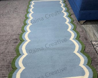 Handmade Blue Green Kilim Runner Rug 2.6x8 Scalloped Wool Hallway Runner Modern Geometric Rug Home Decor