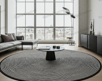 Handgemaakt minimalistisch rond vloerkleed: zwart-wit geometrisch ontwerp