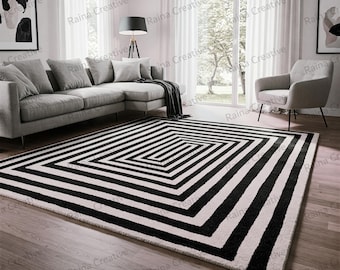 black white rug Geometric : Hand Tufted Wool Blend, Modern Optical Illusion (8x10)