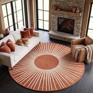 Round Terracotta & Cream Area Rug, Hand Tufted Sunburst Rug, Geometric Radial Rug, Rustic Living Room Carpet, Boho Round Rug
