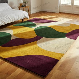 8x10 Hand Tufted Abstract Rug in Green Mustard Cream Purple – Modern Area Carpet for Bedroom & Living Room Decor