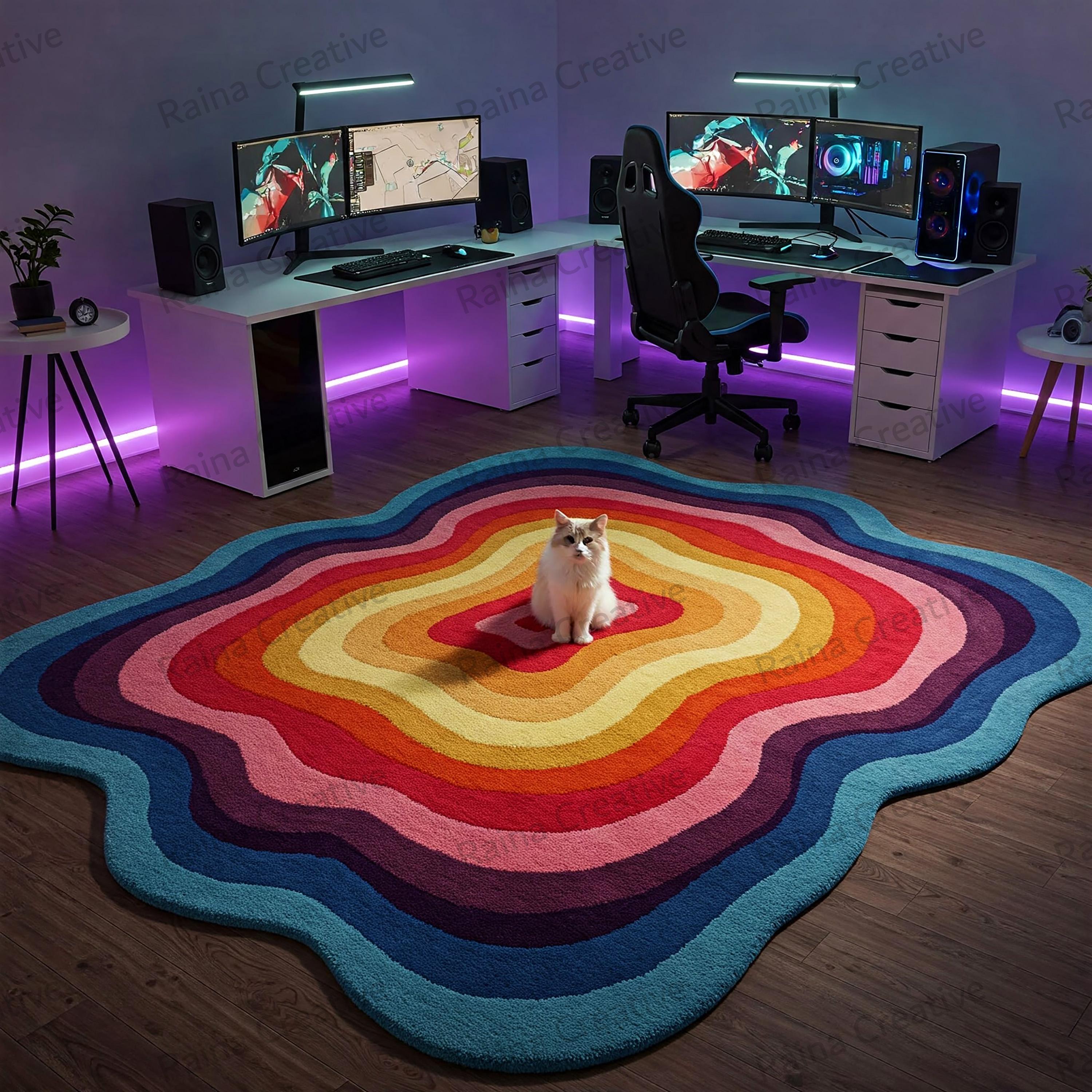 Rainbow Wavy Rug 6x9 Hand Tufted Multicolor Abstract Carpet – Groovy Boho Home Decor Floor Rug