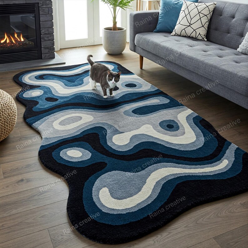 Hand-tufted Abstract Rug (4x8 Ft): Modern Blue Wave Pattern - Etsy