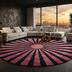 May include: A round pink and navy blue area rug with a sunburst design. The rug is in a modern living room with a white sectional sofa and a glass coffee table.