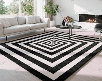 Hand Tufted Rug Black and White: Modern Geometric Optical Illusion Carpet (8x8 ft)