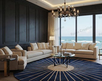Round Hand Tufted Rug 8ft – Navy Blue & Beige Sunburst Modern Carpet, Cozy Home Decor, Soft Floor Rug