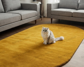 Hand Tufted Rug Oval Wool Blend: Mustard Yellow Modern Carpet 5x8