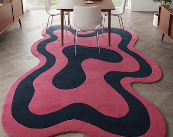 Hand Tufted Rug 5x9ft: Pink & Navy Modern Art Carpet