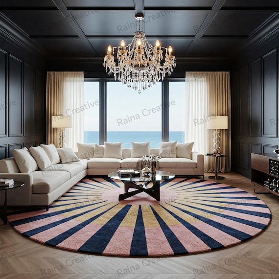 Hand Tufted Carpet Round Rug 9ft: Sunburst Navy, Mustard, Pink Wool Blend