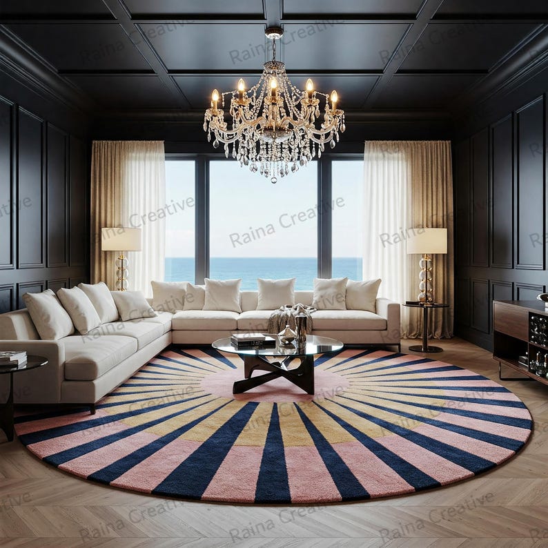 Round sunburst rug in navy, pink, and mustard; hand-tufted wool blend for a modern boho living room.