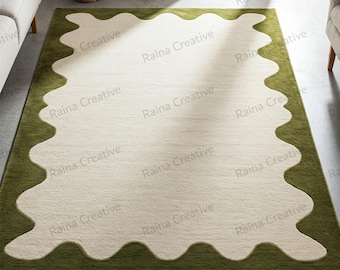 Hand Tufted Wool Blend 8x10 area rug: Olive Green Scalloped Edge